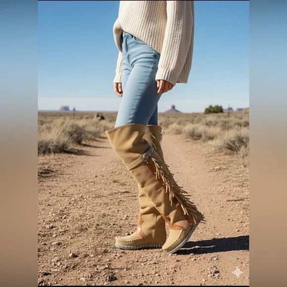 Bohemian Fringe Knee-High Moccasin Boots - Wine (6)‼️NWOB‼️ - Picture 2 of 15